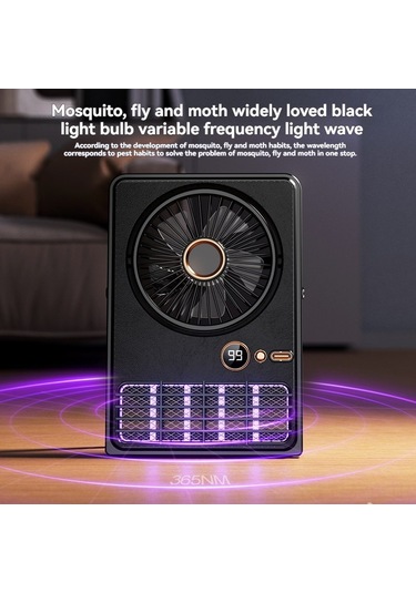 Symbee Siyah Usb 2-in-1 Mosquito Killer Fan: Duvar/desktop Montajlı, 5 Hızlı Fan, Led Ekranlı, 2000v Moskito Öldürücü Işık