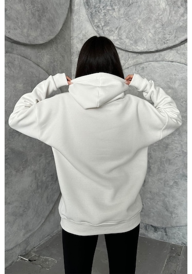 Kadın Krem Charlie Luciano Baskılı Oversize Kapüşonlu Sweatshirt Krem