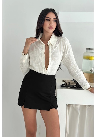 Asprin Fashion Pamuk Keten File Dantel Detaylı Gömlek Beyaz
