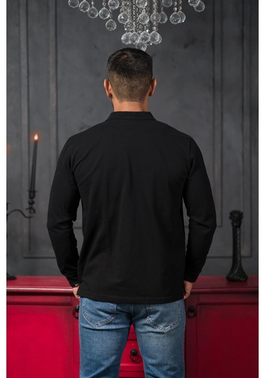 San&fa Regular Fit Polo Yaka Uzun Kol Pamuklu Baharlık Sweatshirt Siyah