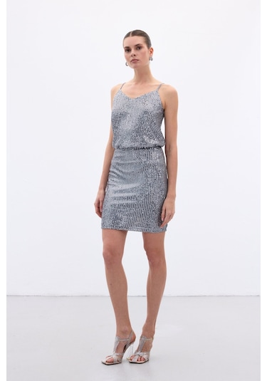 Sateen Payetli Mini Etek - Gri-136650 Gri