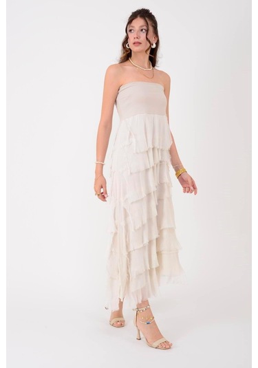 İtalyan 2 Beden Ince Gösteren Kat Kat Ipek Etek & Straplez Elbise Krem