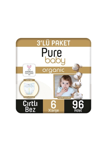 Pure Baby Organik Pamuklu Cırtlı Bez 3'lü Paket 6 Numara Xlarge 96 Adet 3'lü