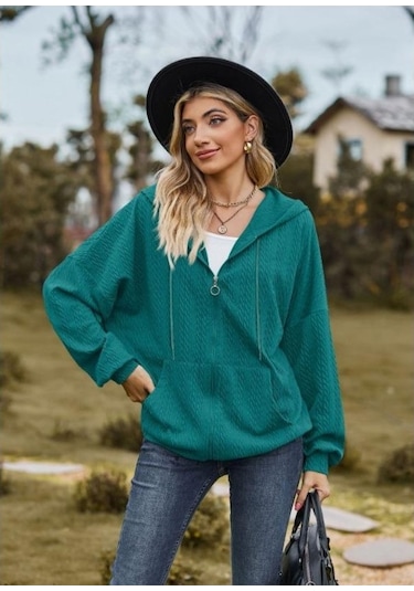 Novahub İlkbahar Ve Sonbahar Kadın Ceket Düz Renk Cep Uzun Kollu Gevşek Kapşonlu Kazak Kadın Ceket Gri-mavi Gri - Mavi - L Gri - Mavi