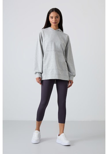 Tommy Life Gri Melanj Balon Kol Yazı Nakışlı Kadın Oversize Tunik Sweatshirt - 97163 Gri Melanj