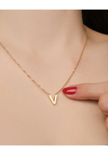Lekka Design Kadın Kararmaz Çelik Takı V Harf Kolye Altın