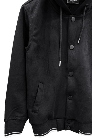 Erkek Çocuk Çıt Çıt Düğmeli Nubuk Kapüşonlu Hırka-12985-siyah