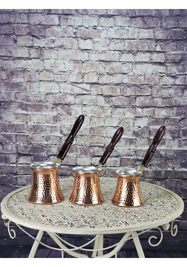 Ahşap Saplı Üçlü Bakır Cezve Takımı 3-4-5 Fincanlık