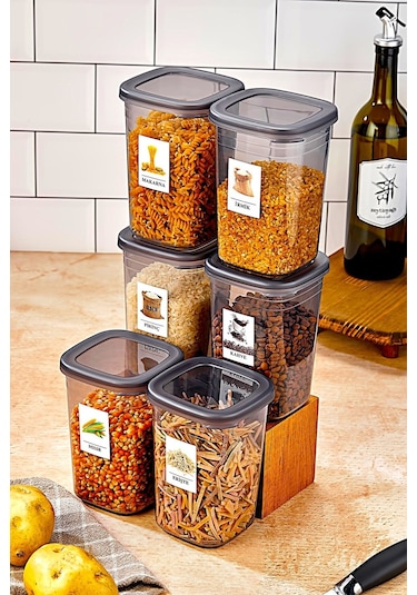 6 Adet Etiketli Square Kare Erzak Saklama Kabı Seti 1200 Ml - Sert Kapak 1.2 Litre Çok Renkli