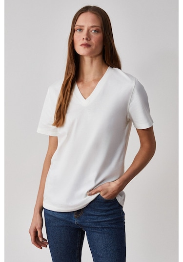 GRIMELANGE Alıne Kadın %100 Organik Pamuk Derin V Yakalı Comfort Fit Beyaz T-shirt Beyaz