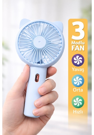 3 Modlu Şarjlı El Fanı 3 Kademe Seyahat Masaüstü Vantilatör Taşınabilir Mini Fan Mavi F136