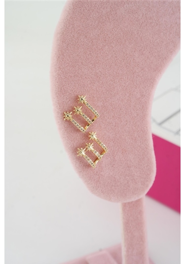 Byzeynaaksesuar Kadın Özel Tasarım Zirkon Taşlı 2'li Minimal Küpe 0210021 Çok Renkli