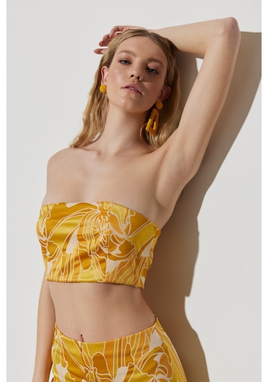 Regular Fit Normal Kesim %100 Pamuk Askılı Sarı Crop Bluz