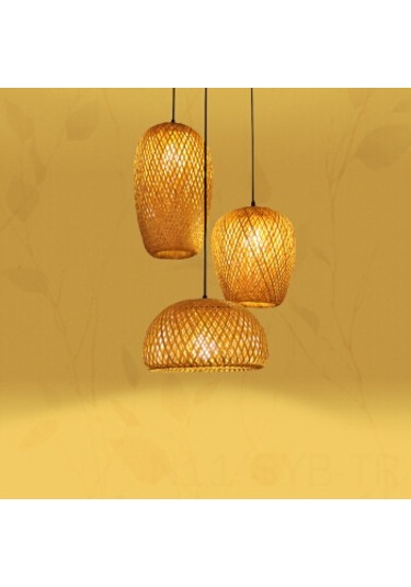 Symbee Yeni Tarz Bambu Örgü 3 Aydınlatmalı Avize - Yeme Salonu, Ofis, Yatak Odası, Balkon İçin Modern Çin Stili Dekoratif Aydınlatma Haki