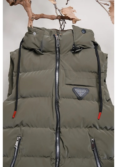 Kapüşonlu Erkek Çocuk Nova Kumaş Şişme Yelek Haki