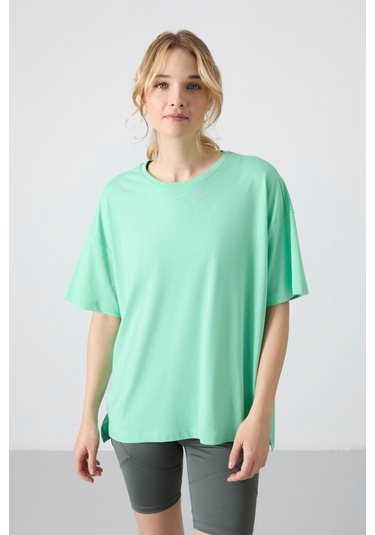 Tommy Life Su Yeşili Penye Modal Yumuşak Tuşeli Oversize Fit Basic Kadın T-shirt- 97285 Su Yeşili