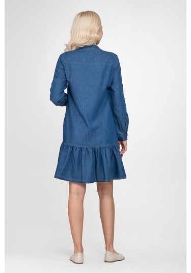 Bold & Young Kadın Cepli Kol Britli Etek Ucu Büzgülü Katlanır Kol Gömlek Elbise İndigo