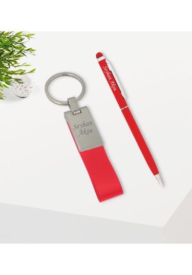 Kişiye Özel Kırmızı Touchpen Tükenmez Kalem Ve Deri Anahtarlık He