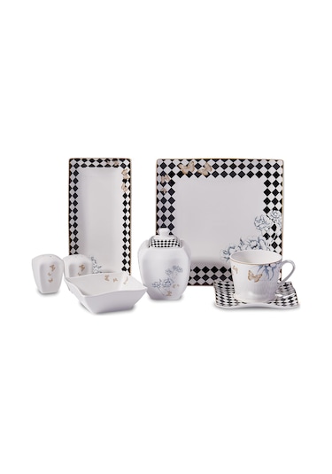 Korkmaz A8573 Link Collection 28 Parça Kare Kahvaltı Takımı Beyaz - Siyah