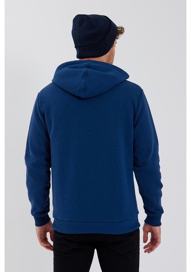 Erkek 3 İplik Pamuklu İçi Polarlı Baskılı Regular Fit Kapüşonlu Kanguru Cepli İndigo Sweatshirt Indigo