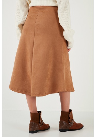 Lela Streç Regular Fit Yüksek Bel Midi Boy Süet Çan Bayan Etek 5866180 Vizon