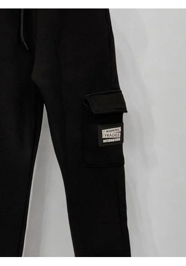 Çocuk Beli Paçası Lastikli Şardonlu Kalın Eşofman Alt-15364 Siyah