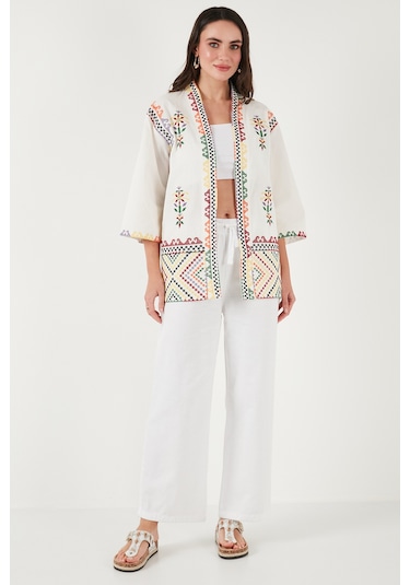 Lela Nakış Işlemeli Pamuklu Oversize Fit Truvakar Kol Bayan Kimono 676272 Ekru