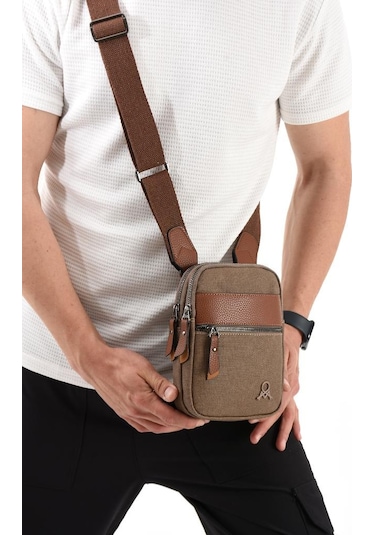 Kanvas Kumaş Telefon Çantası Erkek Postacı Çanta 20 12 Cm Çapraz Askılı Omuz Çantası Mega Çanta Camel