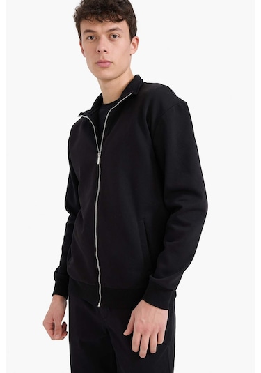 DeFacto Comfort Regular Fit Rahat Kalıp Dik Yaka Cepli Basic Düz Fermuarlı Sweatshirt A5276AX25SPBK81