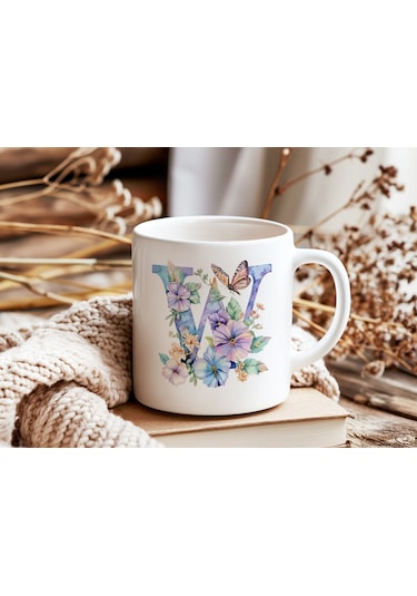 W Harfi Çiçekli Kupa Bardak - Soft Renk Çiçek Ve Kelebek Desenli Zarif Kahve Kupası - Bohem Beyaz