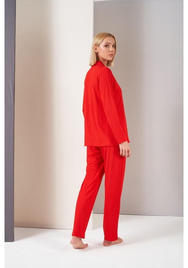 Pjs Kadın Gömlek Yaka Önden Düğmeli Uzun Kollu Pijama Takım Kırmızı