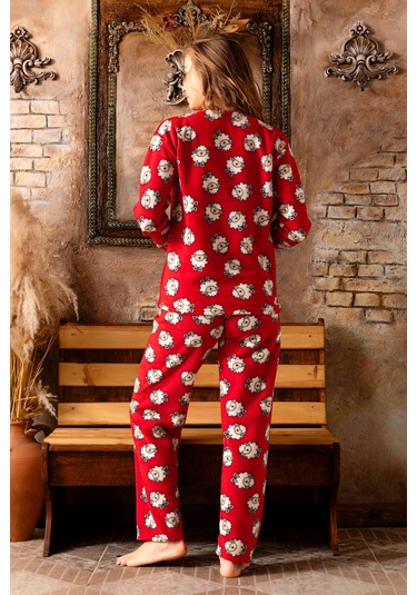Nisanca Kışlık Kadın Welsoft Polar Pijama Takımı - Yeni Yıl Pijaması Kırmızı