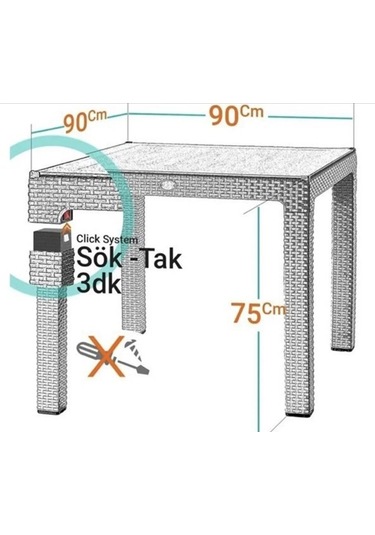 90x90 Cm Rattan 4 Kişilik Kare Masa Seti Kolsuz Sandalye Antrasit
