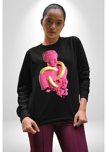 Pop Art Yaratıcı Heykel Pembe Unisex Siyah Sweatshirt Siyah