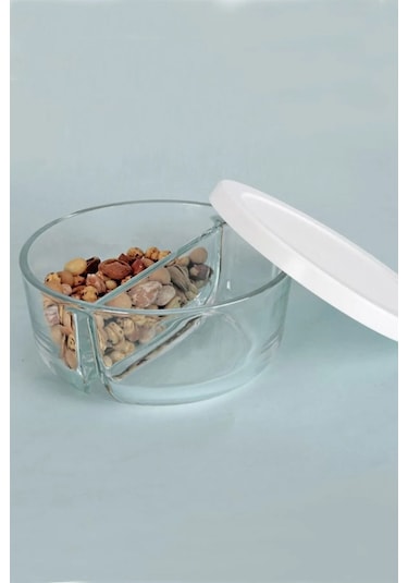 İki Bölmeli Kapaklı Cam Kahvaltılık Saklama Kabı - 2 Adet Şeffaf