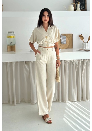 Düğme Detaylı İkili Takım Krem Krem