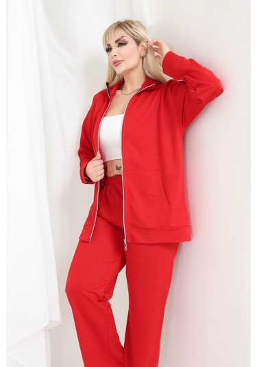Kadın Büyük Beden Fermuarlı Uzun Kollu Rahat Günlük Eşofman Takım Kırmızı