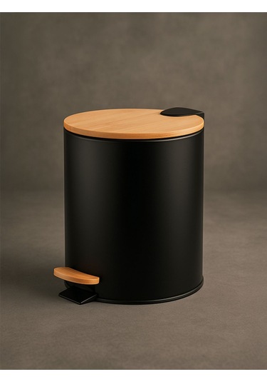 Bambu Kapaklı Pedallı Metal Çöp Kovası - 5 Lt. - Siyah Siyah
