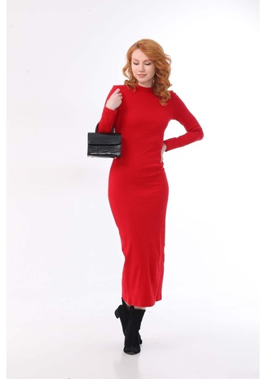 Kallima Kırmızı Bodycon Dik Yaka Uzun Kollu Fitilli Elbise-130 Cm Kırmızı