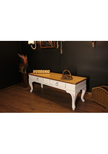 Wooding 120 Cm Masif Naturel Beyaz Oymalı Tv Ünitesi