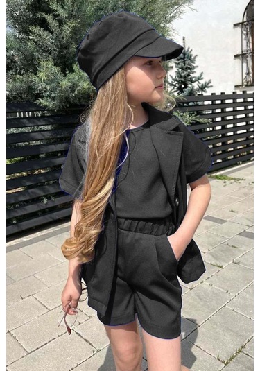 Riccotarz Kız Çocuk Kolsuz Penye Bluz Kısa Kollu Blazer Ceket Şapkalı Siyah Şortlu Takım Siyah