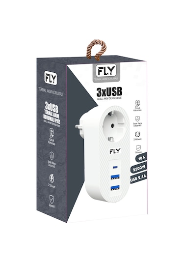 Fly 3400-01, 1 Soket, 2 Usb, 1 Type-c, Akım Korumalı Priz, 2.1a, Beyaz Diğer