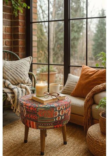 Ustaagac Puf Koltuk Bench Tabure Anadolu Kilim Motif - Ahşap Ayaklı Ceviz