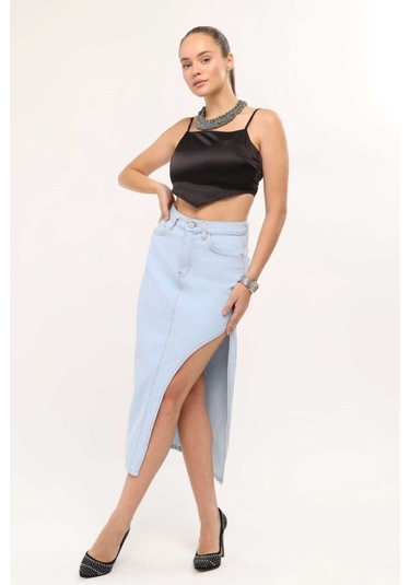 Shevega Kadın Buz Mavi Uzun Ön Parçali Asimetrik Kot Etek Buz Mavi