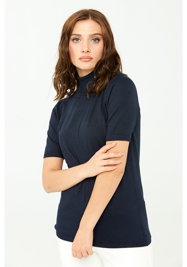 Desen Triko Kadın Likralı Kısa Kollu Tam Balıkçı Bluz 20346 Koyu