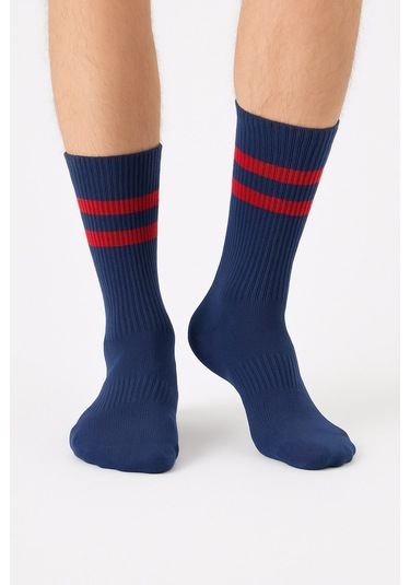 Erkek Lacivert Soket Çorap 2 Li Set Çizgili Pamuklu Spor Ve Günlük Kullanım Plus Scorpion Lacivert