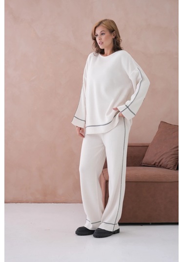 Kadın Geniş Yaka Kazak Pantolon İkili Triko Takım Taş