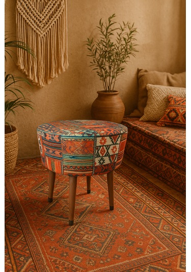 Ustaagac Puf Koltuk Bench Tabure Anadolu Kilim Motif - Ahşap Ayaklı Ceviz