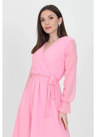 Kadın Kuşaklı Uzun Şifon Elbise Dpkts003 Pudra