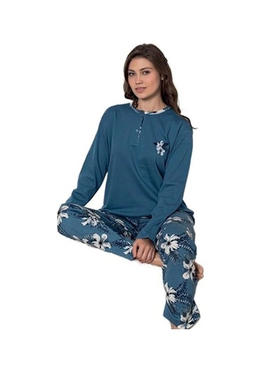 Mina Collection Kadın Pijama Takımı Uzun Kollu Yumuşak Dokulu E Mavi